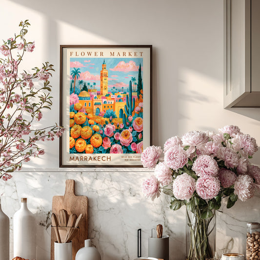 Flower market poster showcasing vibrant colors and city architecture