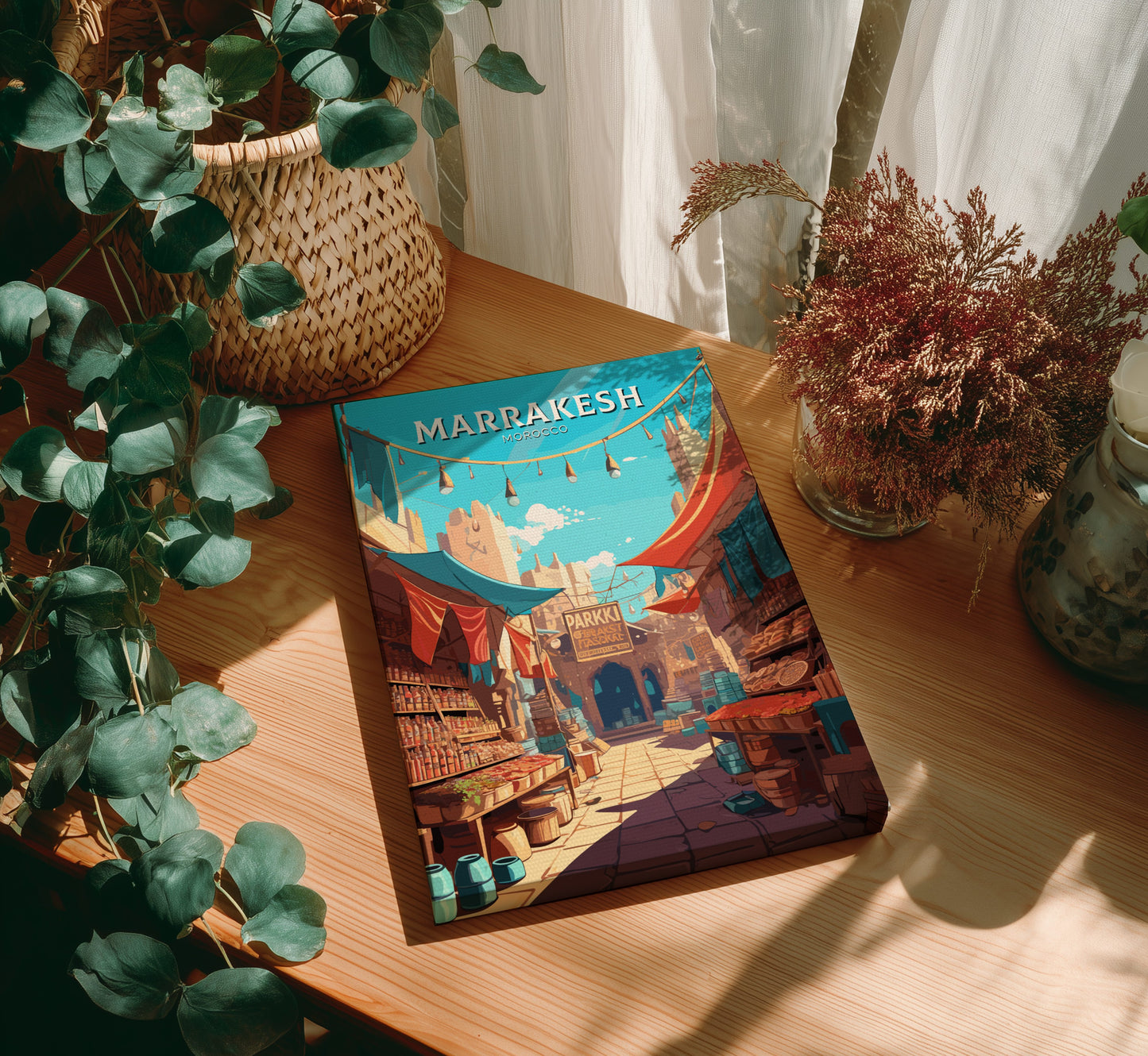 Book titled 'Marrakesh' on a wooden table with plants around