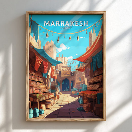 Framed artwork of a street scene in Marrakesh with colorful tents and shops.