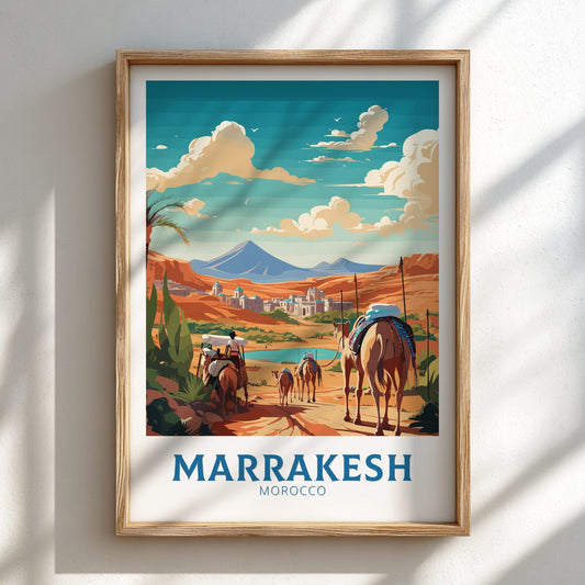 Framed artwork of Marrakesh, Morocco with desert landscape and mountains.