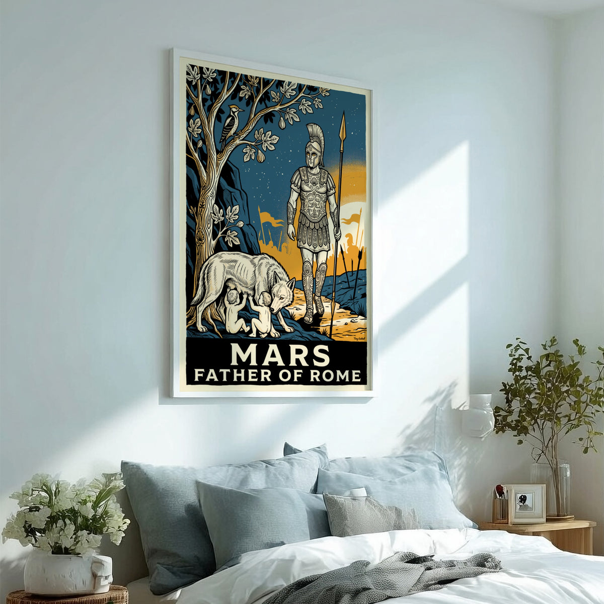 Poster featuring Mars Father of Rome with the she-wolf and twins in vintage style