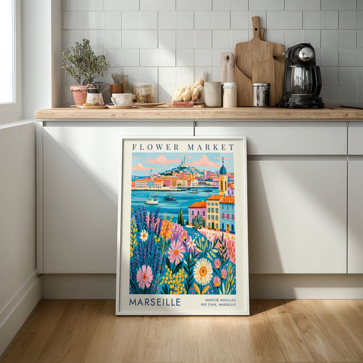 Flower market poster showcasing vibrant flowers and cityscape in Marseille
