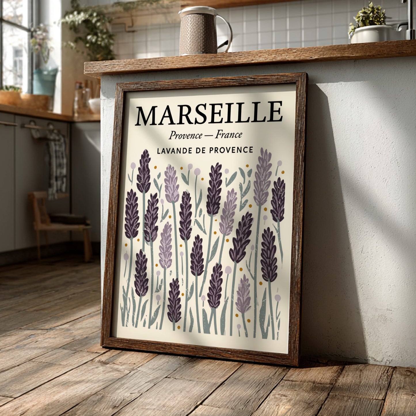 Lavender kitchen poster featuring purple flowers and green foliage, perfect for kitchen decor.