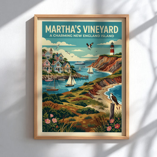 Travel poster featuring Martha's Vineyard with a lighthouse, coastal homes, sailboats, and birds.