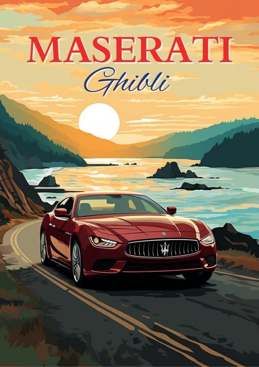 Affiche de voiture Maserati Ghibli – Décoration murale de luxe aux performances italiennes