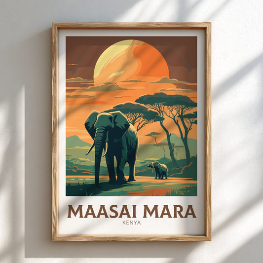 Framed poster of Maasai Mara with elephants and sunset