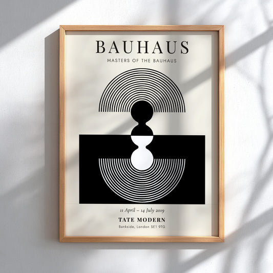 Bauhaus poster showcasing geometric shapes in black and white, modern graphic design for wall decor