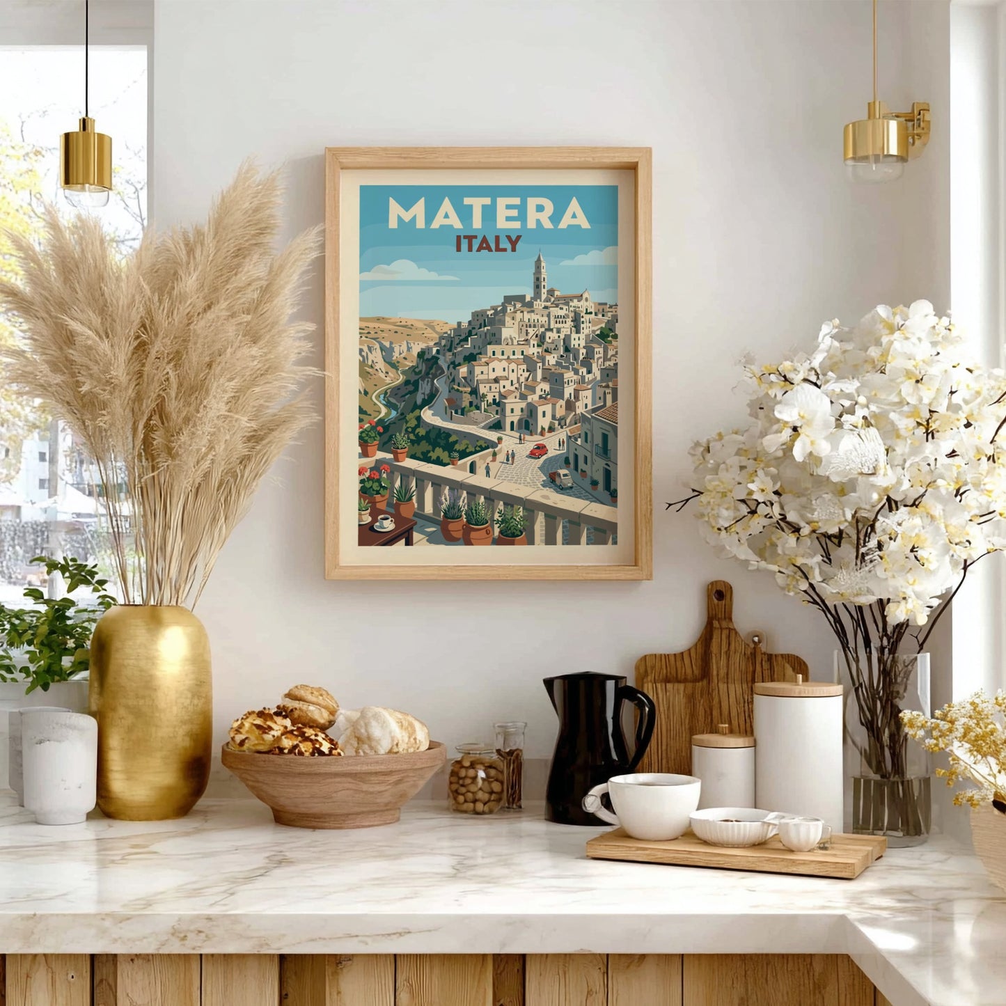 Vintage travel poster of Matera, Italy, showcasing its historic hillside architecture in a retro style.