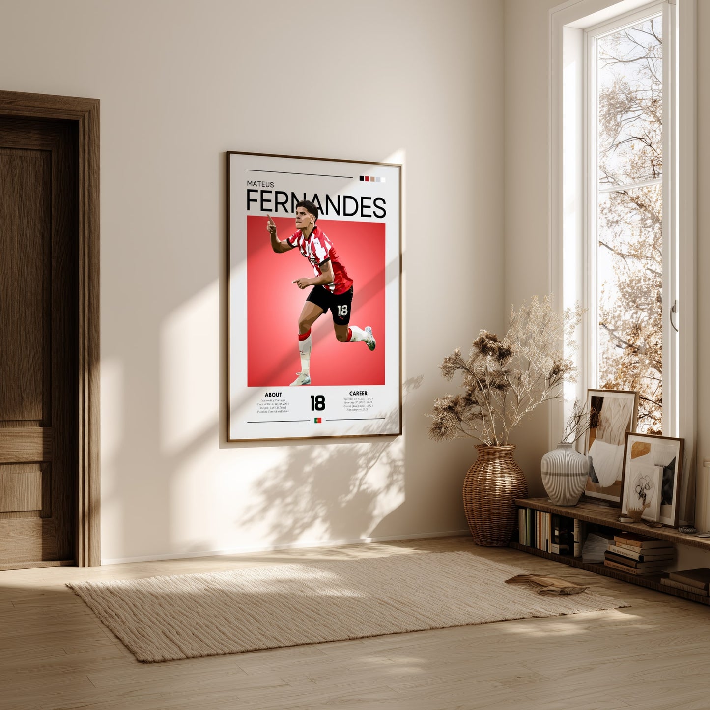 Framed sports poster of a player on a wall in a bright room with natural light.