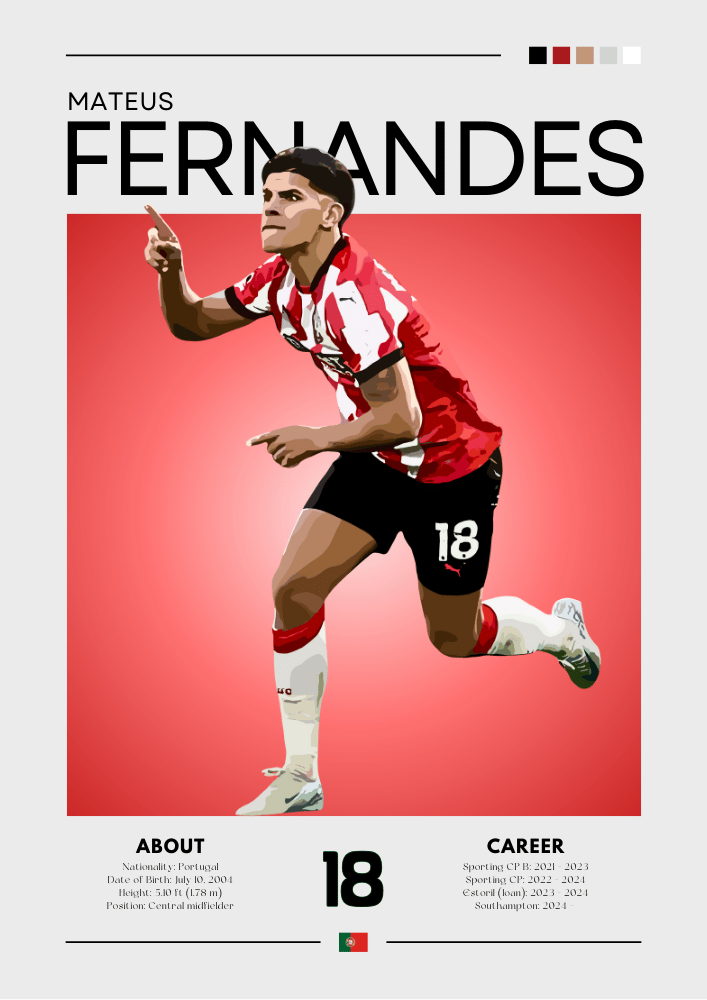 Soccer player in action with 'Mateus Fernandes' text on a red background