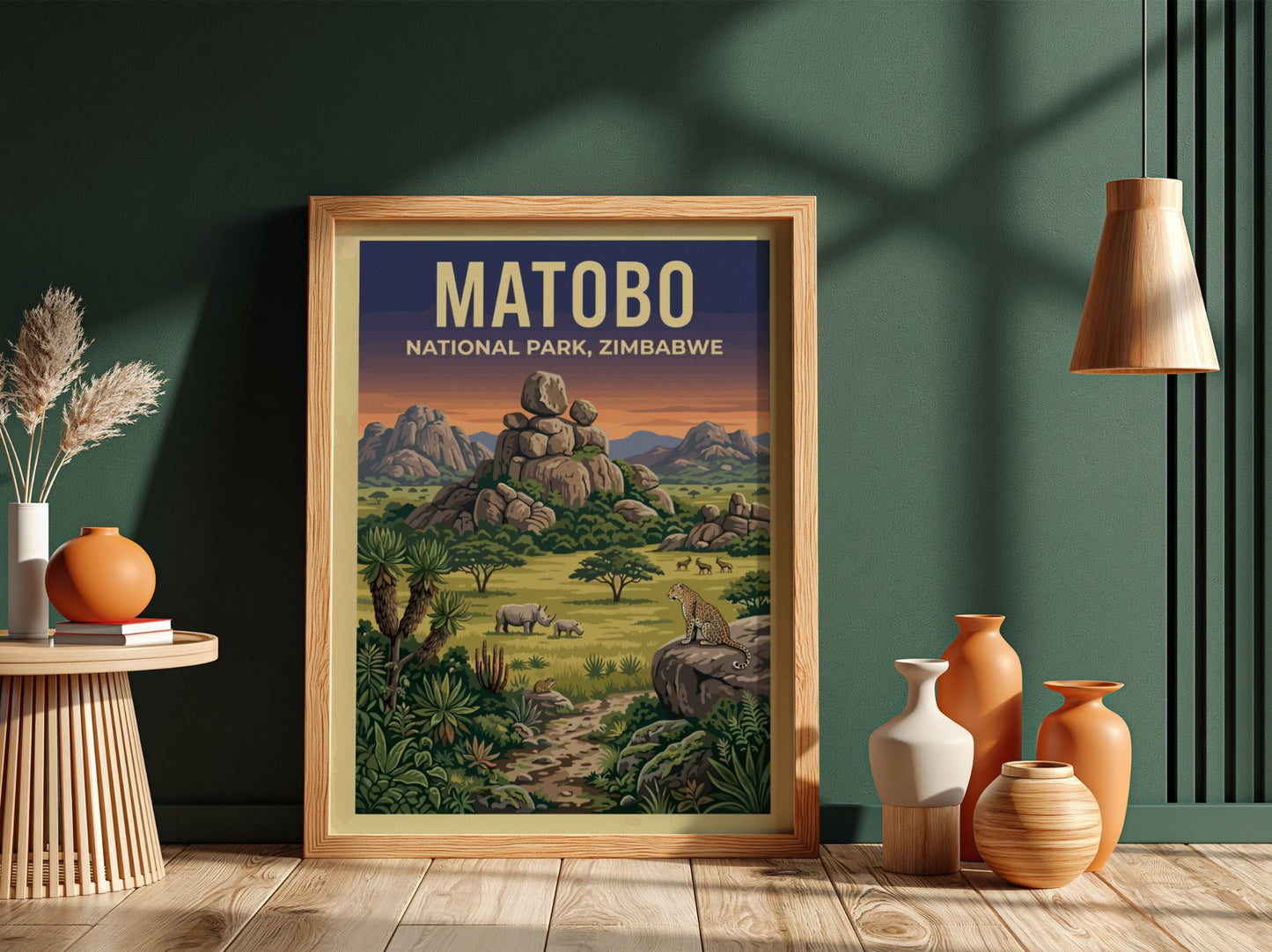 Matobo National Park poster featuring wildlife and vibrant landscapes in earthy tones