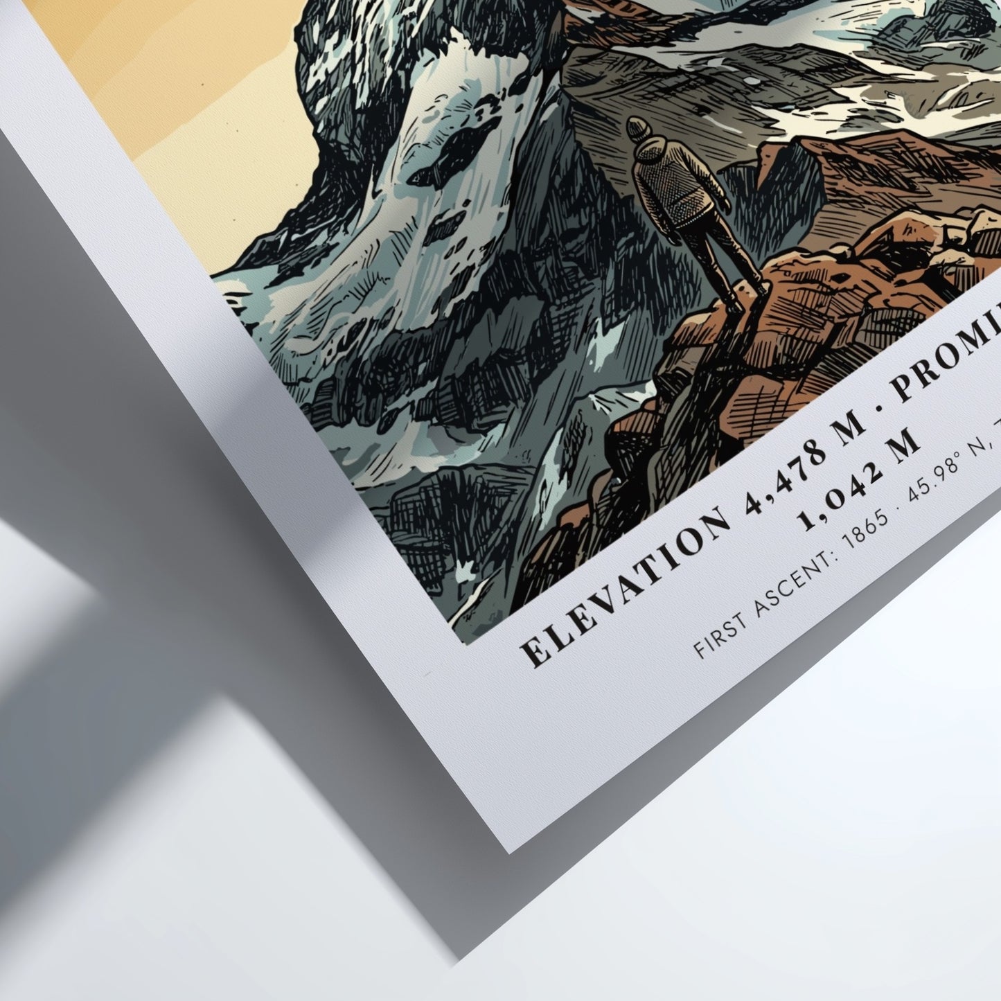 Poster featuring the Matterhorn mountain summit with a hiker in the foreground.