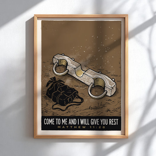Poster featuring an abandoned wooden yoke and leather bag on earth with Christian quote