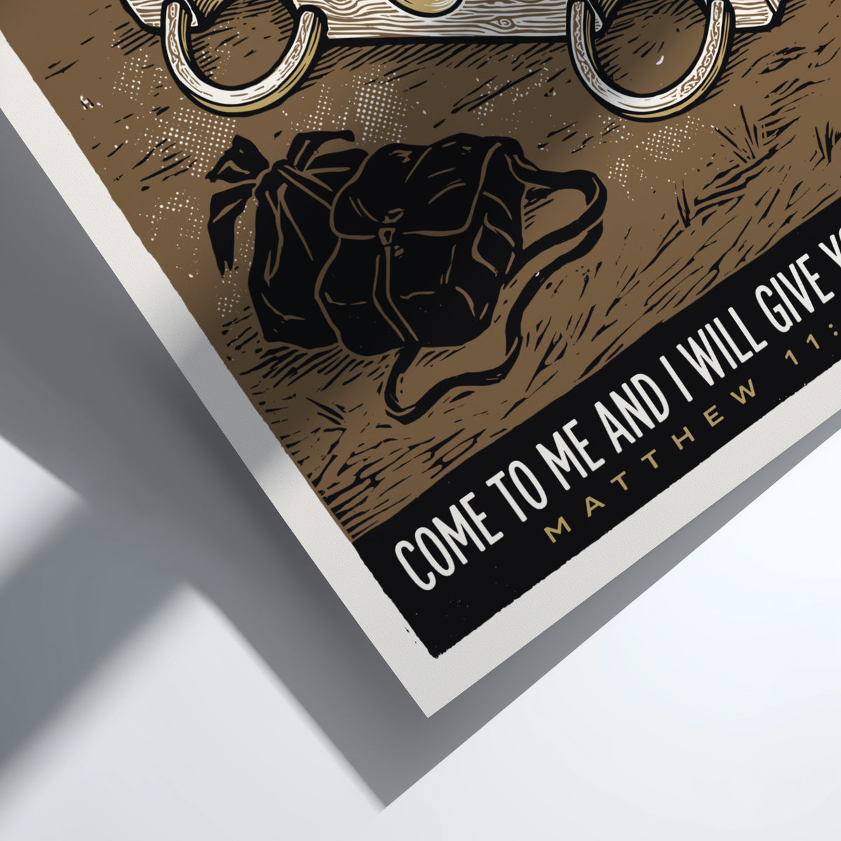 Poster featuring an abandoned wooden yoke and leather bag on earth with Christian quote