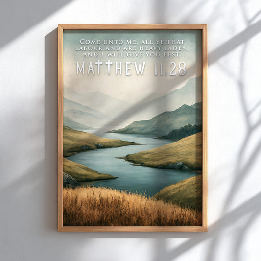Poster displaying a golden field and river with Matthew 11:28 scripture text overlaid.