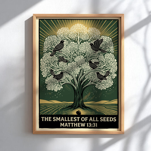 Poster featuring a green tree with birds and the text The Smallest of All Seeds.