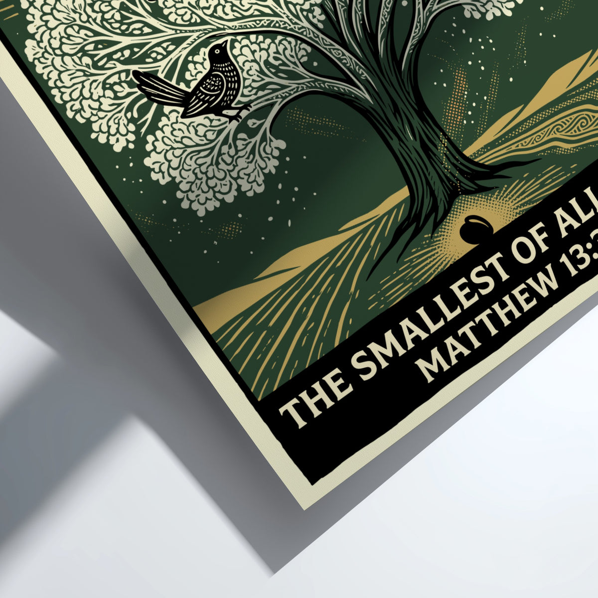 Poster featuring a green tree with birds and the text The Smallest of All Seeds.