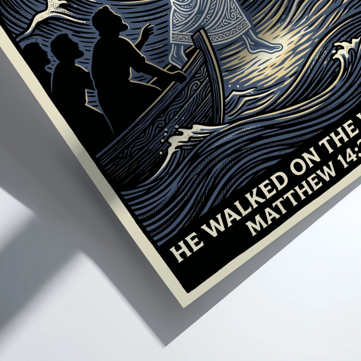 He Walked on the Water poster featuring a stylized biblical figure on navy waves.