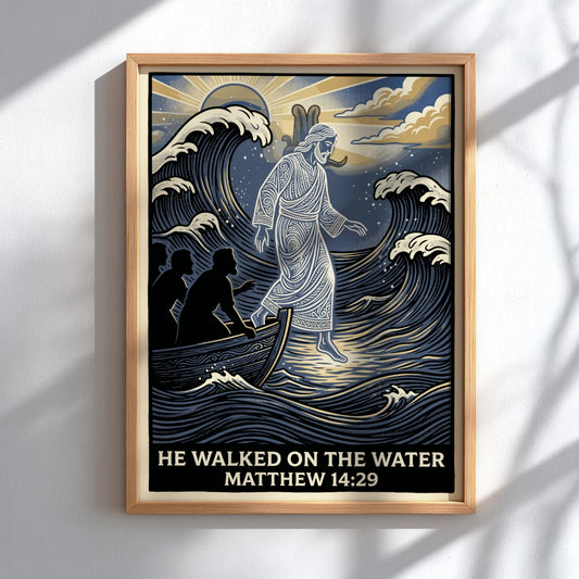 He Walked on the Water poster featuring a stylized biblical figure on navy waves.
