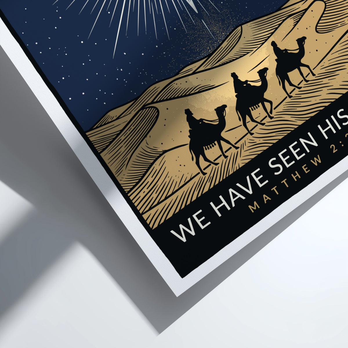 Poster of three figures on camels traversing desert dunes under a bright Bethlehem star