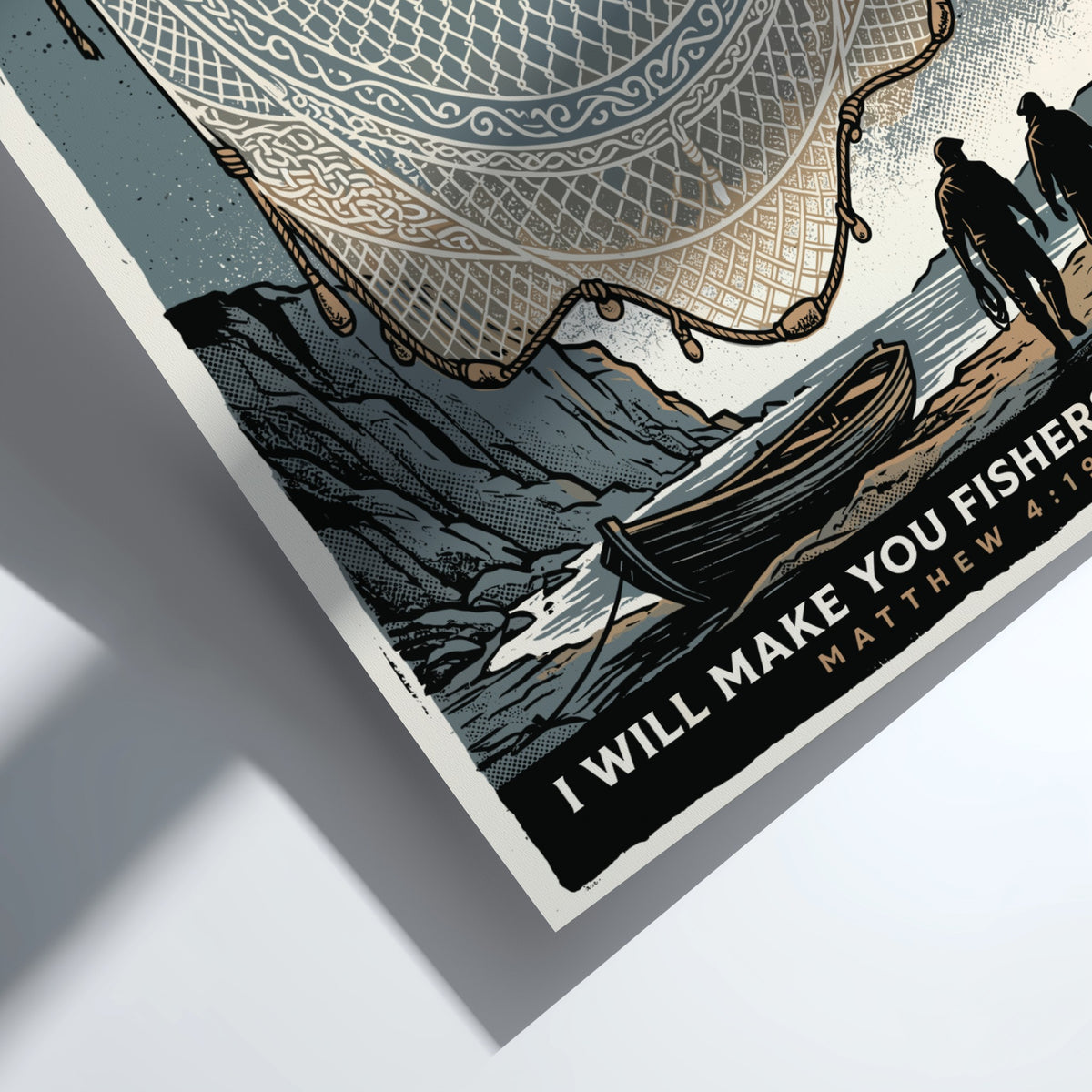 Religious poster featuring fishermen by a boat with a large net and text.