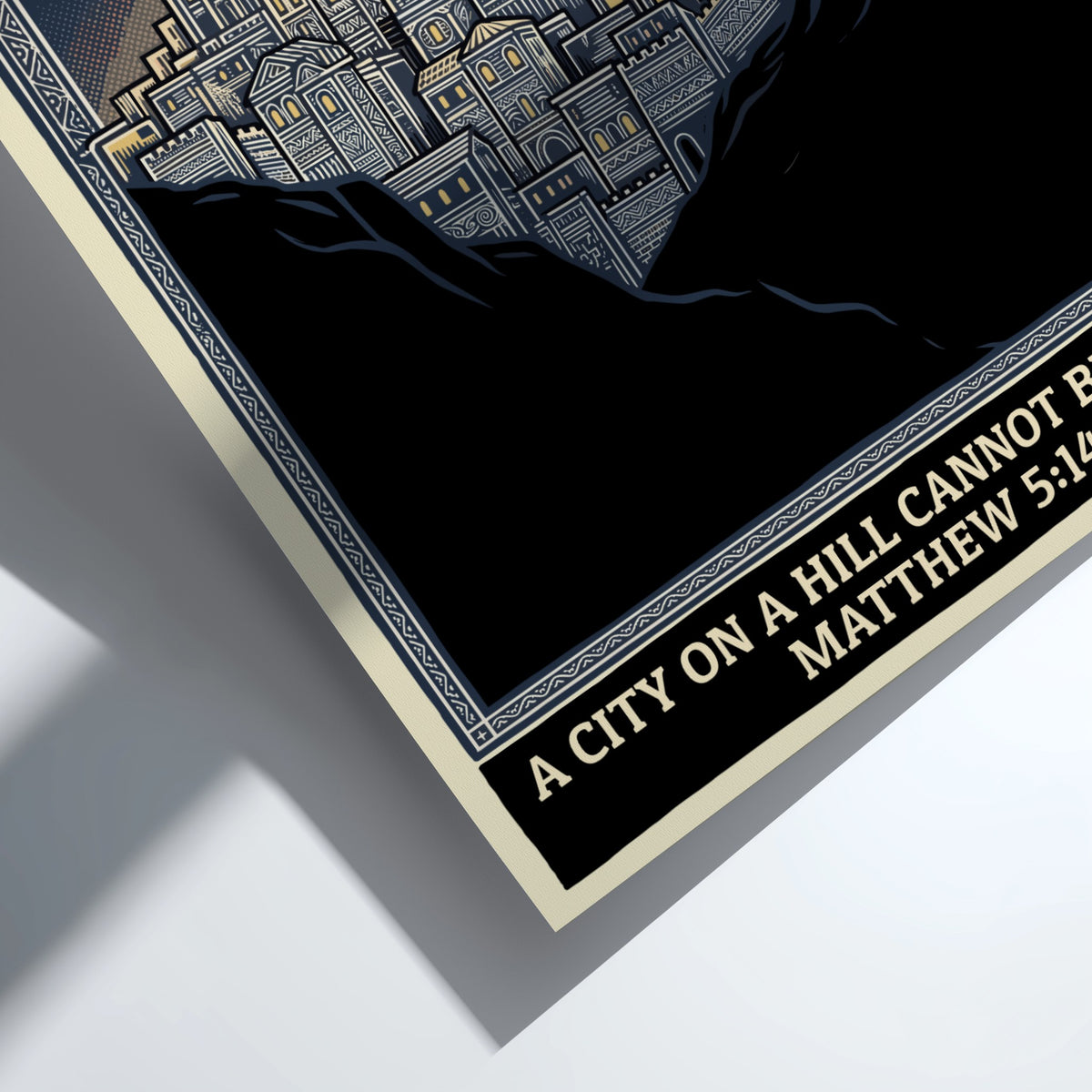 Poster of a stone city on a hill under a night sky with text