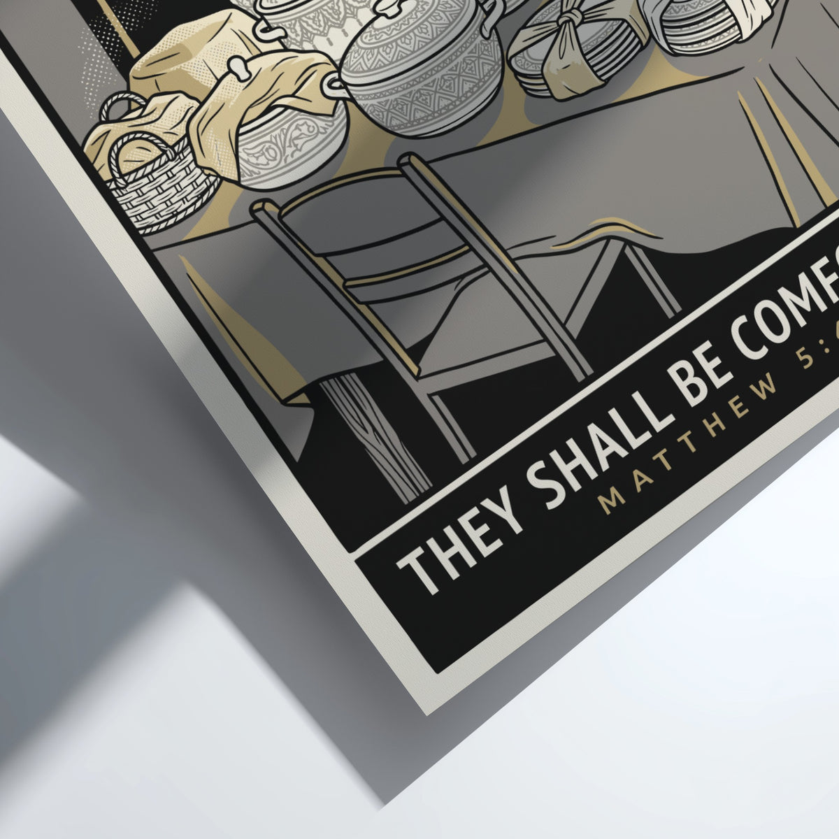Poster featuring steaming pots and dishes on a table with Matthew 5:4 text.