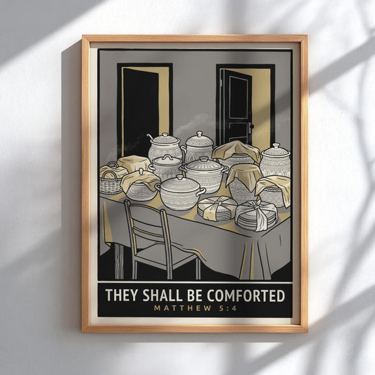 Poster featuring steaming pots and dishes on a table with Matthew 5:4 text.