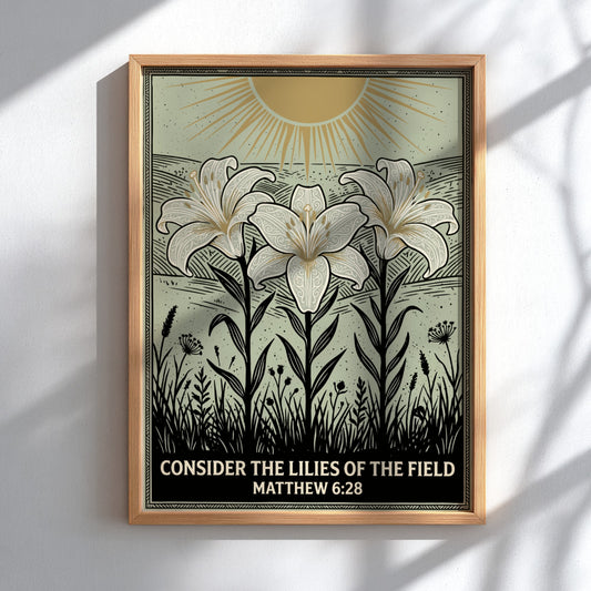 Poster featuring three white lilies in a sage green field with golden sun