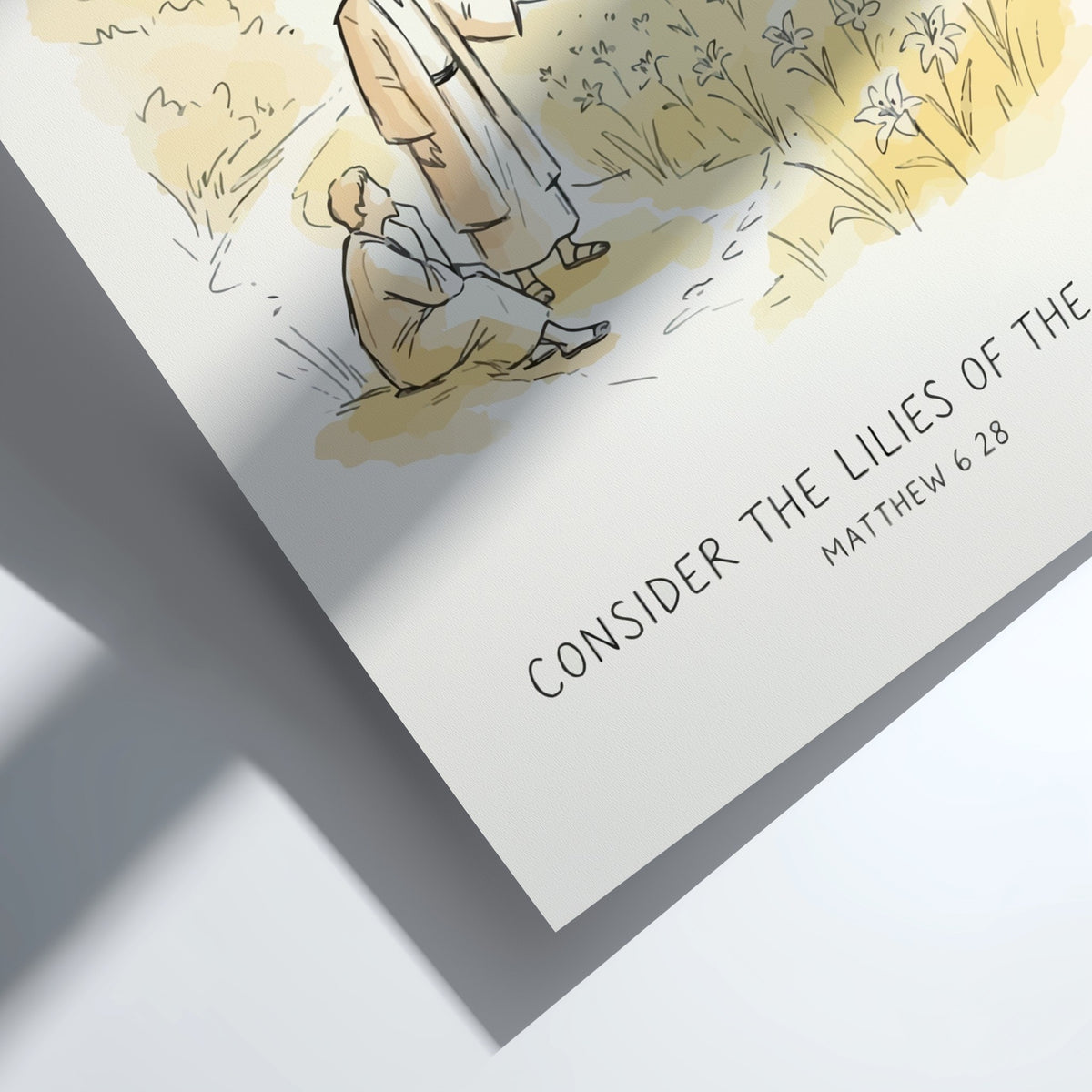 Poster featuring a soft golden illustration of a biblical scene with field lilies