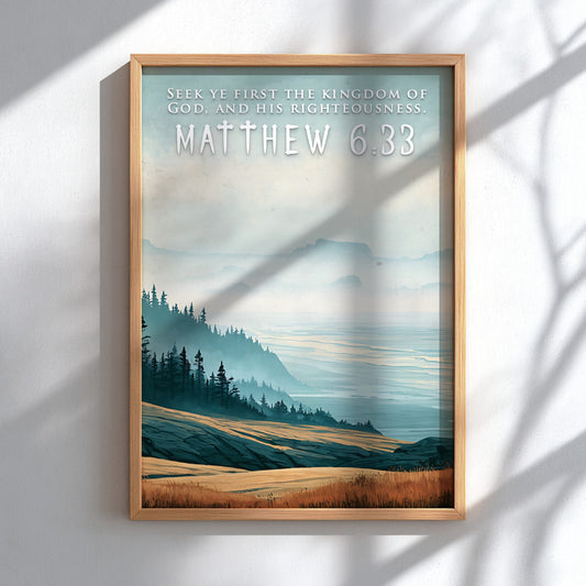 Poster featuring a mountain valley landscape with golden grass and misty blue hills.