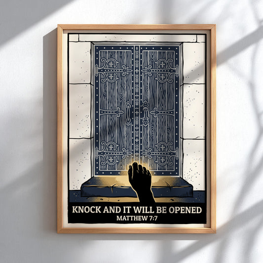 Poster featuring a hand knocking on dark blue wooden doors with glowing light