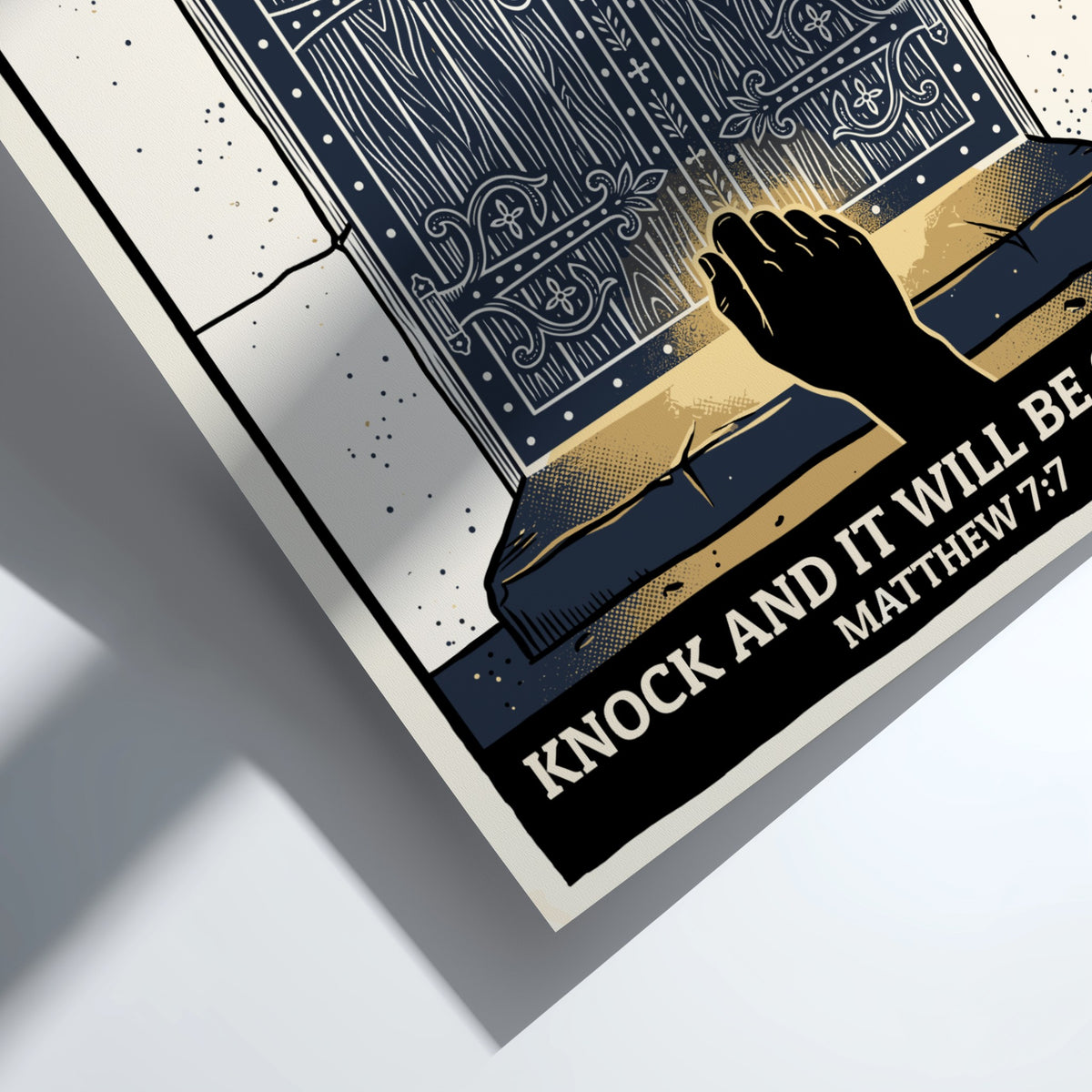 Poster featuring a hand knocking on dark blue wooden doors with glowing light