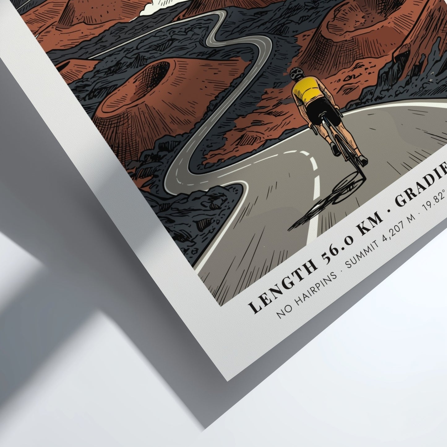 Poster of a cyclist climbing the winding Mauna Kea road toward mountain observatories.