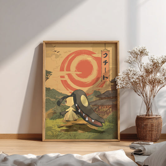 Framed Pokemon artwork with a stylized character and red sun design on a wall.