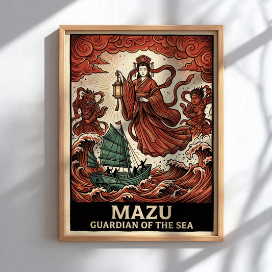 Poster featuring Mazu the Chinese sea goddess with a lantern above stormy waves