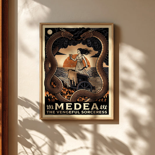 Medea Greek mythology poster, featuring the sorceress in a chariot with dragons and a sunset.
