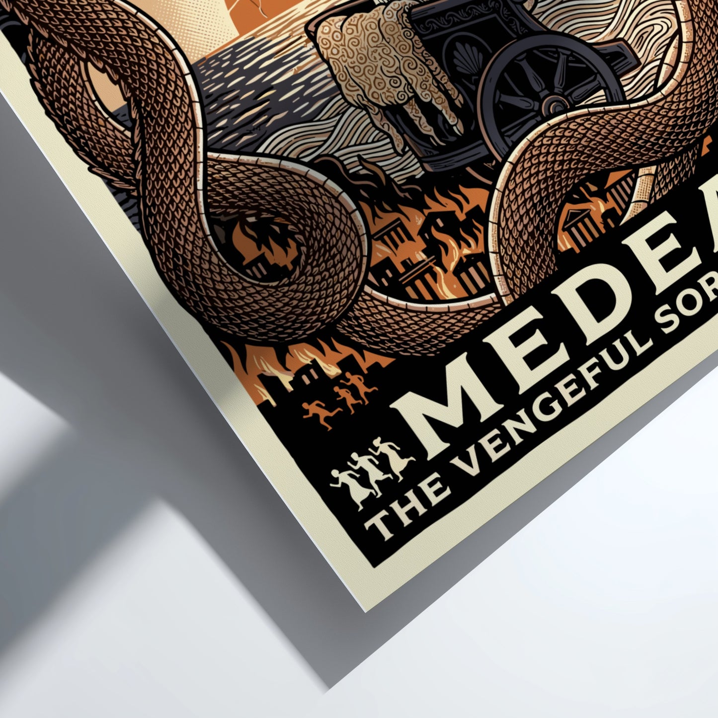 Medea Greek mythology poster, featuring the sorceress in a chariot with dragons and a sunset.
