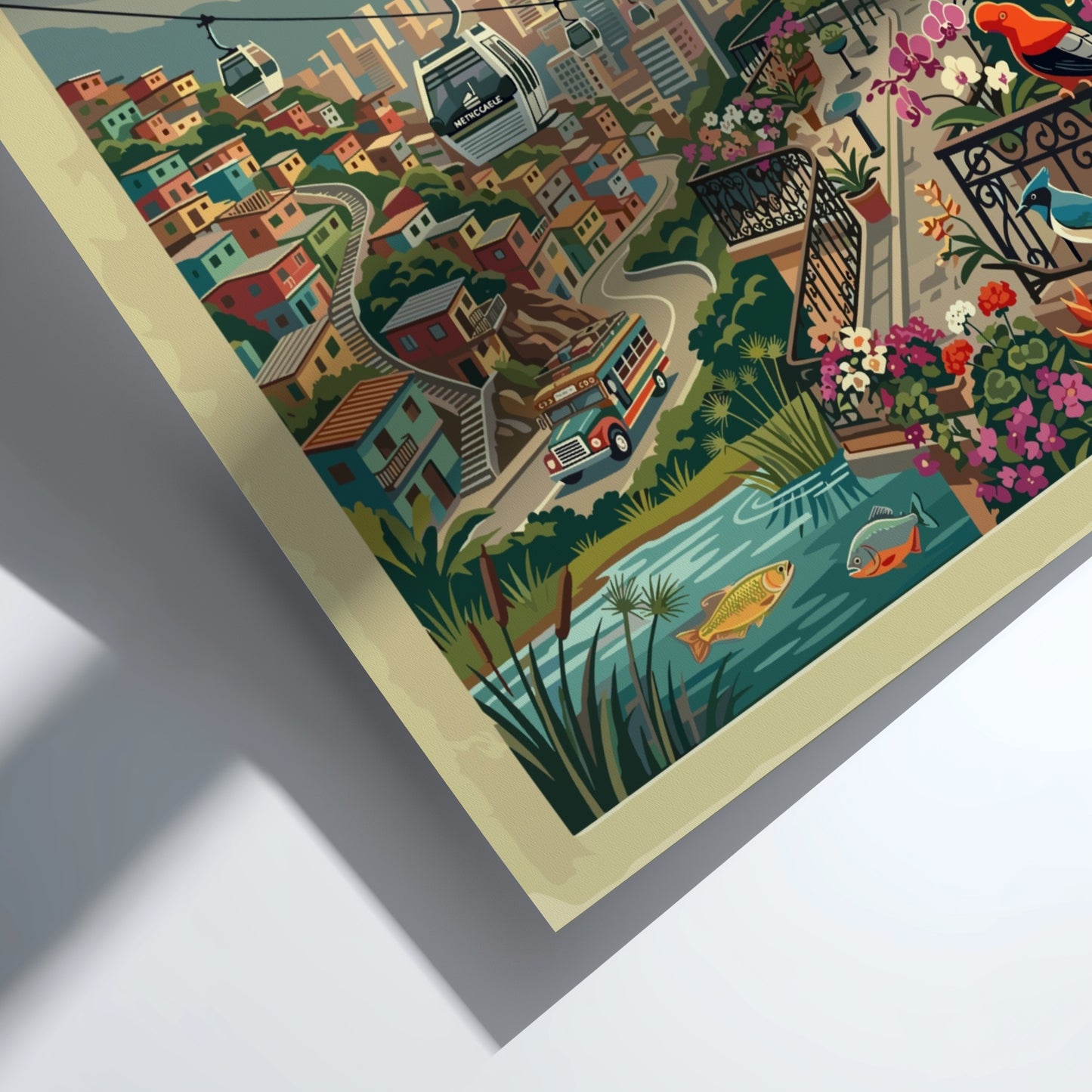 Medellin travel poster featuring cable cars over a mountain city with tropical flowers.