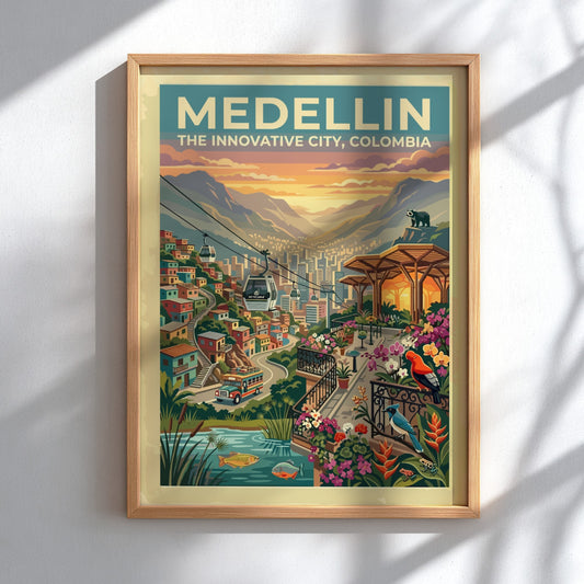 Medellin travel poster featuring cable cars over a mountain city with tropical flowers.
