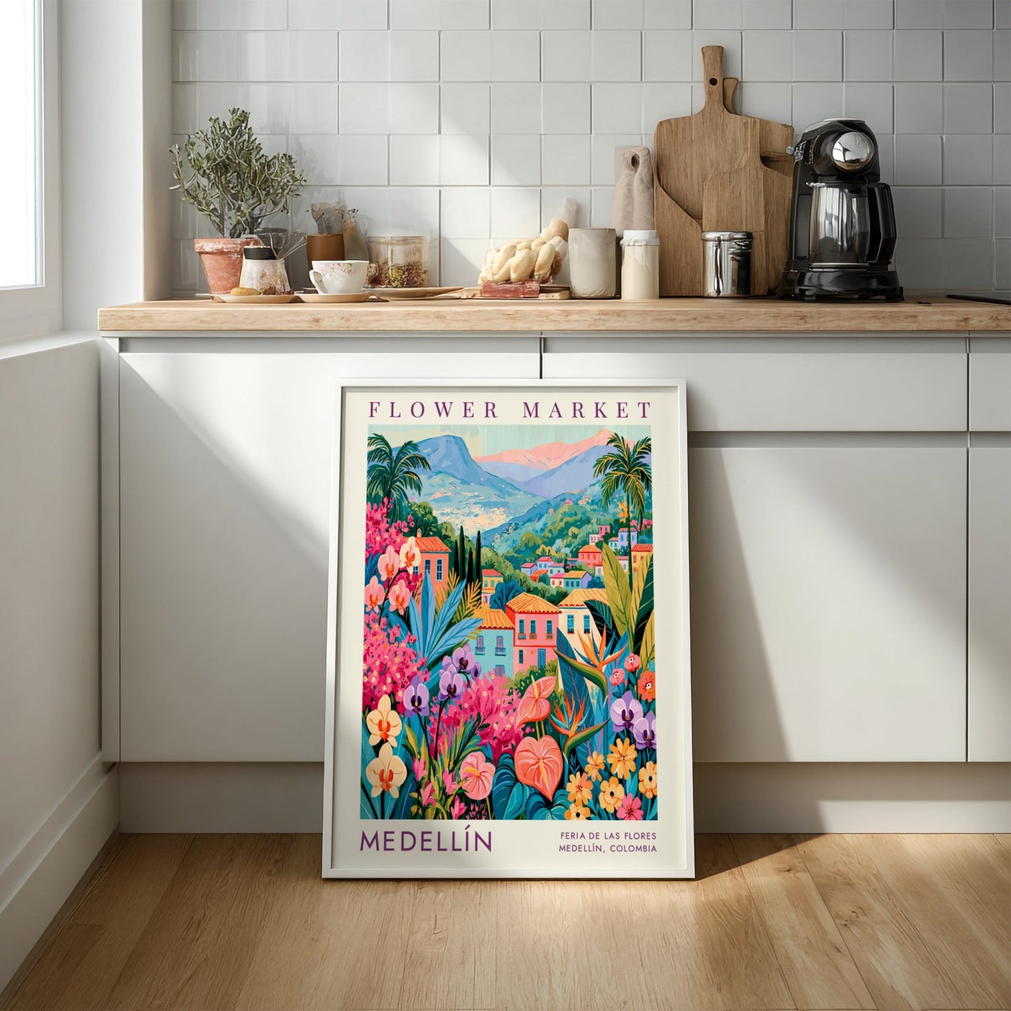 Flower market poster featuring vibrant colors and cityscape of Medellín, perfect for home decor.