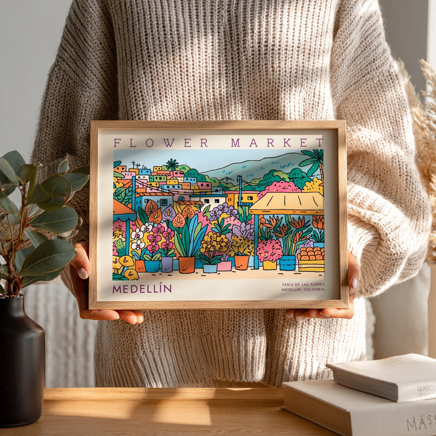 Flower market poster showcasing vibrant flowers and Medellín cityscape