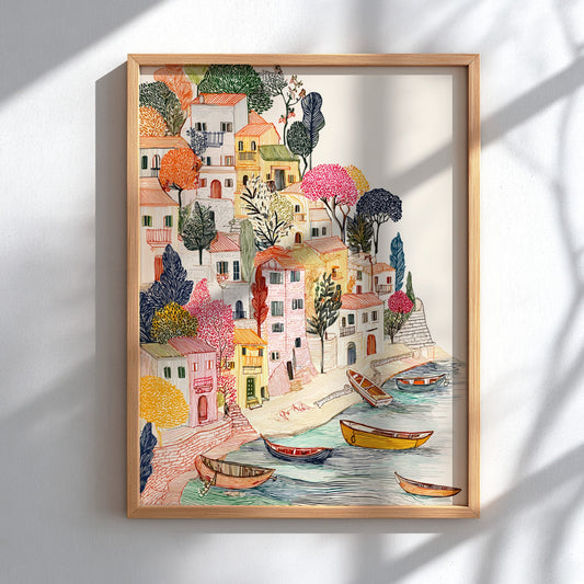 Textured illustration poster of a Mediterranean cliffside village with colorful houses and boats on the water.