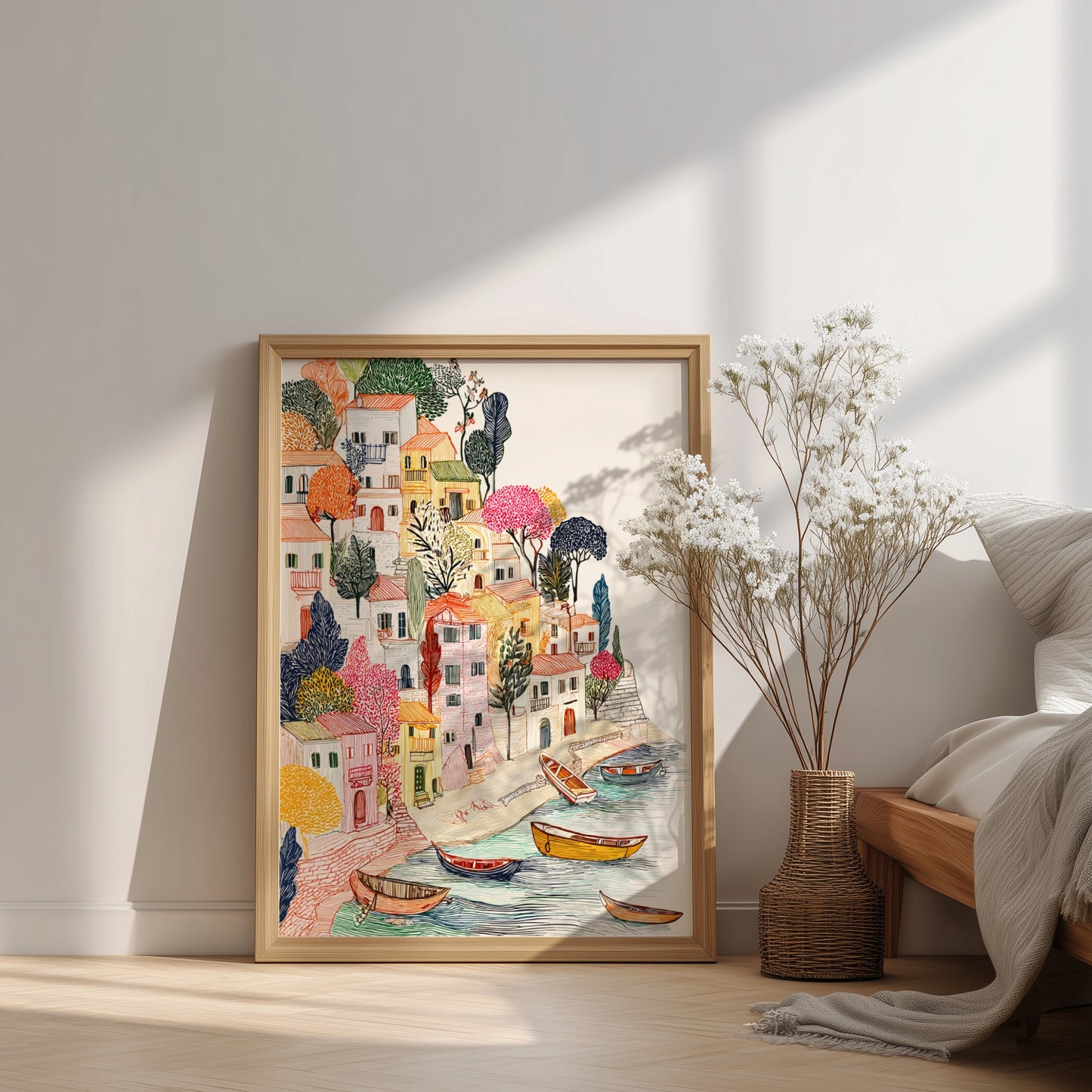 Textured illustration poster of a Mediterranean cliffside village with colorful houses and boats on the water.