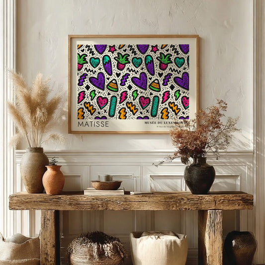 Mediterranean terrace and sea view poster featuring vibrant colors and Matisse style