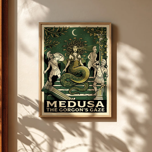 Medusa Greek Mythology poster in a graphic style, featuring the Gorgon and warriors, with dark green and
