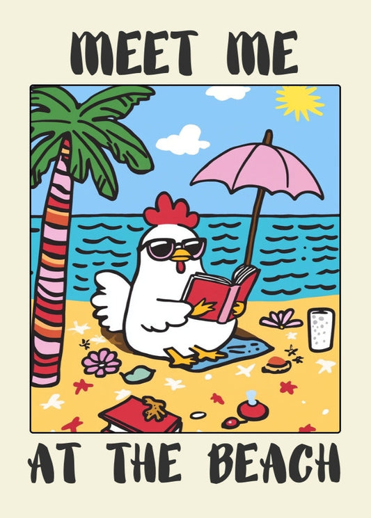 Meet Me at the Beach Funny Chicken Poster – Trendy Coastal Wall Art, Ocean Aesthetic Decor, Neutral Typography Print, Beach House Vintage Art