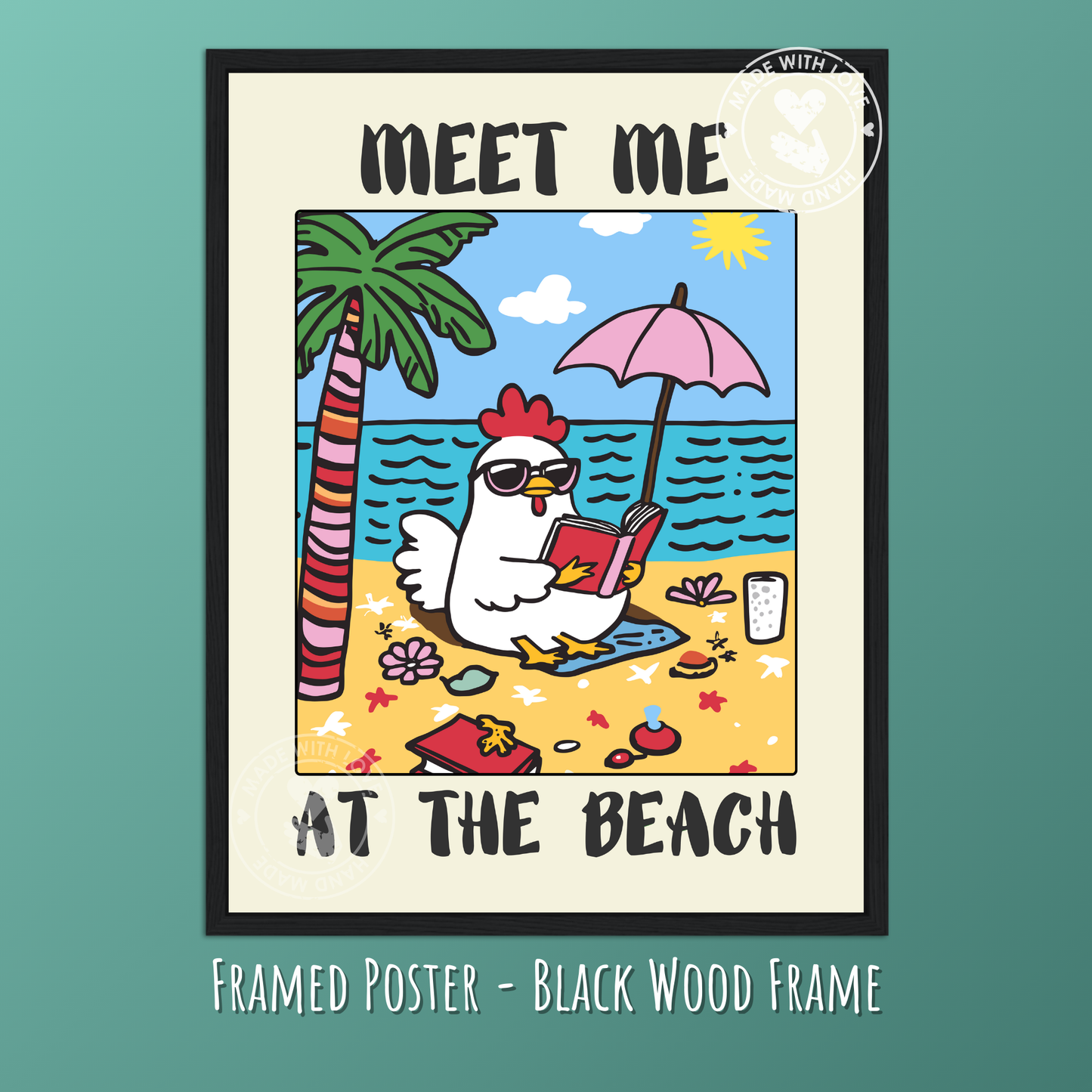 Meet Me at the Beach Funny Chicken Poster – Trendy Coastal Wall Art, Ocean Aesthetic Decor, Neutral Typography Print, Beach House Vintage Art