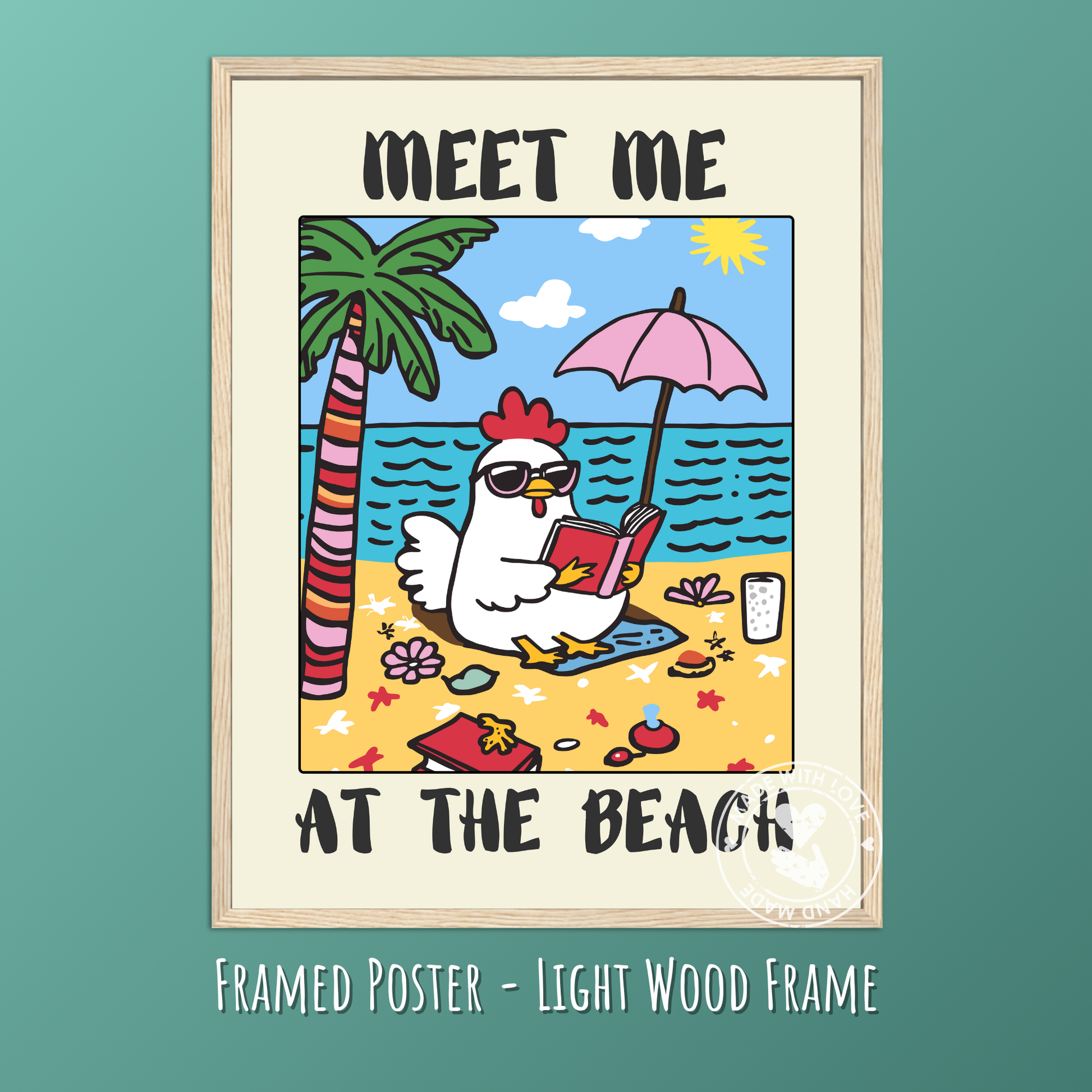 Meet Me at the Beach Funny Chicken Poster – Trendy Coastal Wall Art, Ocean Aesthetic Decor, Neutral Typography Print, Beach House Vintage Art