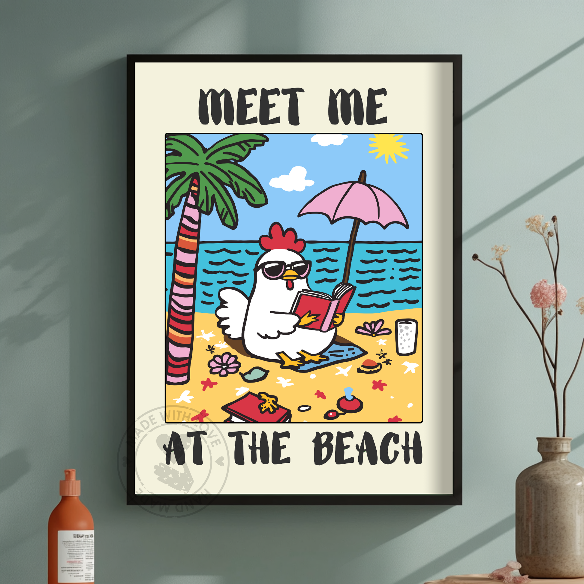 Meet Me at the Beach Funny Chicken Poster – Ocean Aesthetic Decor, Neutral Typography Print, Beach House Vintage Art